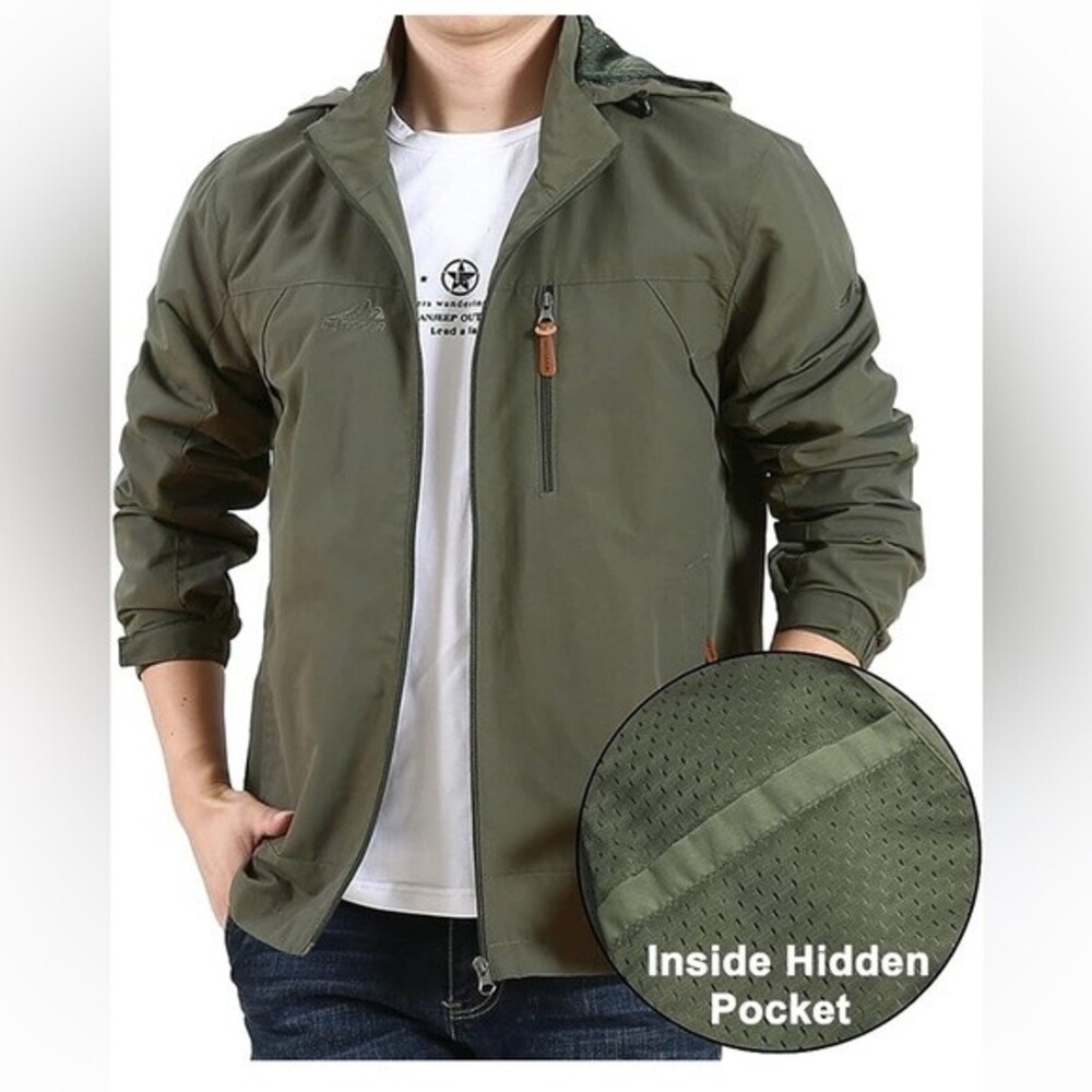 Ruing Men's Olive Green Weather Resistant Outdoor Hooded Jacket Size XL